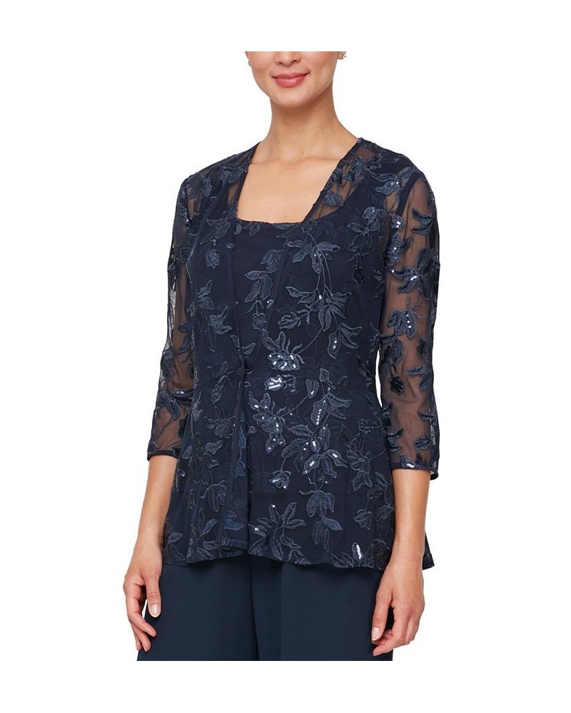 Women's Embroidered Sequined Jacket & Tank Top Twinset Dark Navy $70.98 Tops