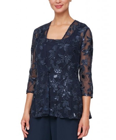 Women's Embroidered Sequined Jacket & Tank Top Twinset Dark Navy $70.98 Tops