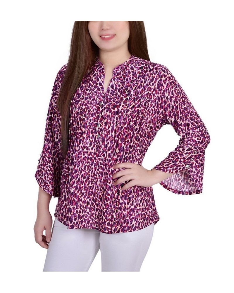 Women's 3/4 Sleeve Overlapped Bell Sleeve Y-Neck Top Plum Leopard $15.18 Tops