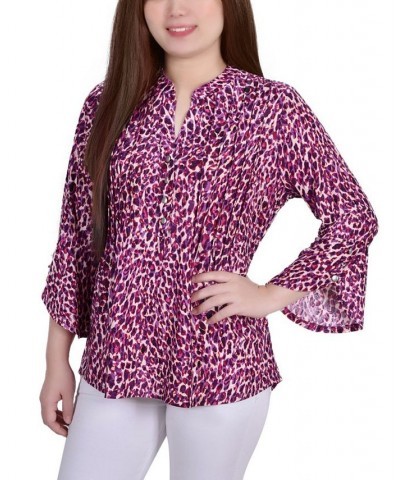 Women's 3/4 Sleeve Overlapped Bell Sleeve Y-Neck Top Plum Leopard $15.18 Tops