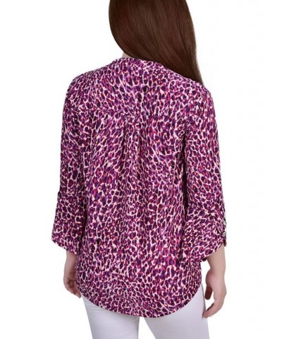 Women's 3/4 Sleeve Overlapped Bell Sleeve Y-Neck Top Plum Leopard $15.18 Tops