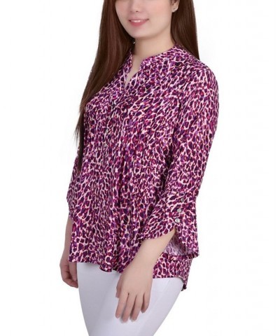 Women's 3/4 Sleeve Overlapped Bell Sleeve Y-Neck Top Plum Leopard $15.18 Tops