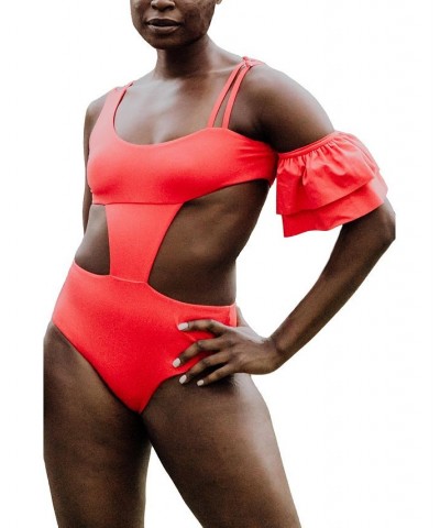 Rafa ruffle sleeve high waisted one piece women's swimsuit Red $81.60 Swimsuits