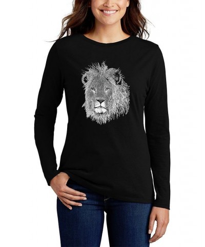 Women's Long Sleeve Word Art Lion T-shirt Black $19.23 Tops