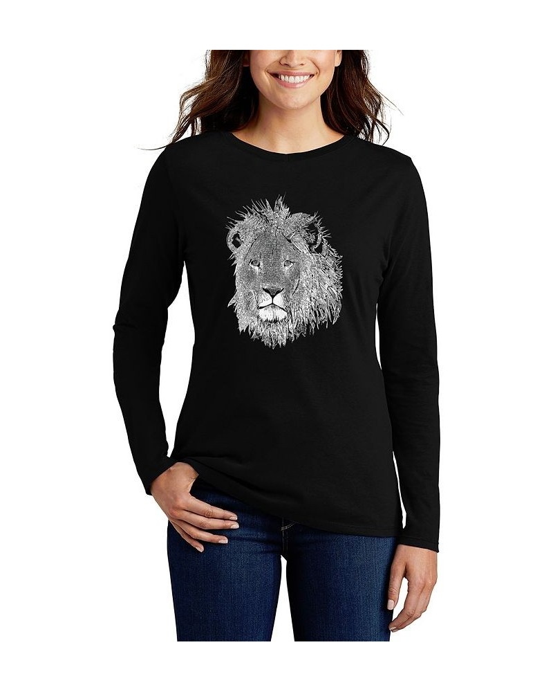 Women's Long Sleeve Word Art Lion T-shirt Black $19.23 Tops