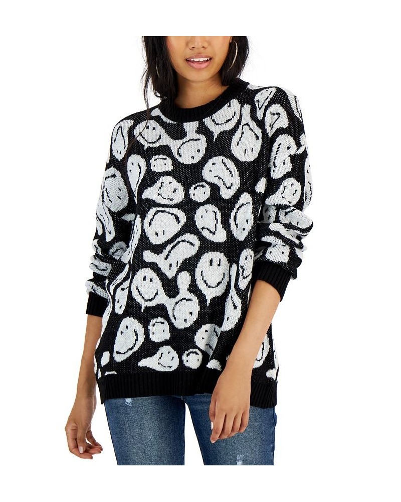 Juniors' Drip Smiley Crewneck Pullover Sweater Black $13.28 Sweaters