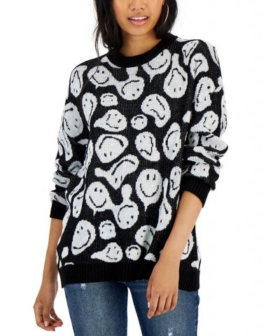 Juniors' Drip Smiley Crewneck Pullover Sweater Black $13.28 Sweaters