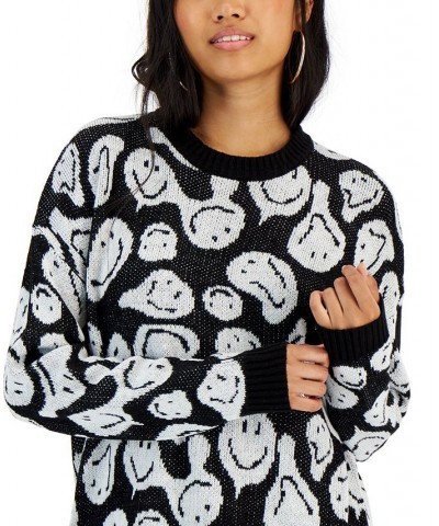 Juniors' Drip Smiley Crewneck Pullover Sweater Black $13.28 Sweaters