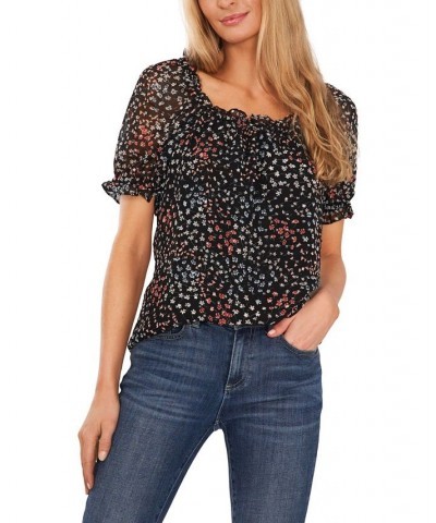 Women's Square Neck Floral Clip Dot Blouse Rich Black $28.70 Tops