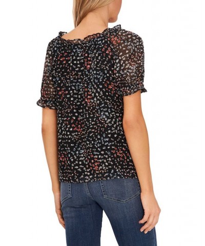 Women's Square Neck Floral Clip Dot Blouse Rich Black $28.70 Tops