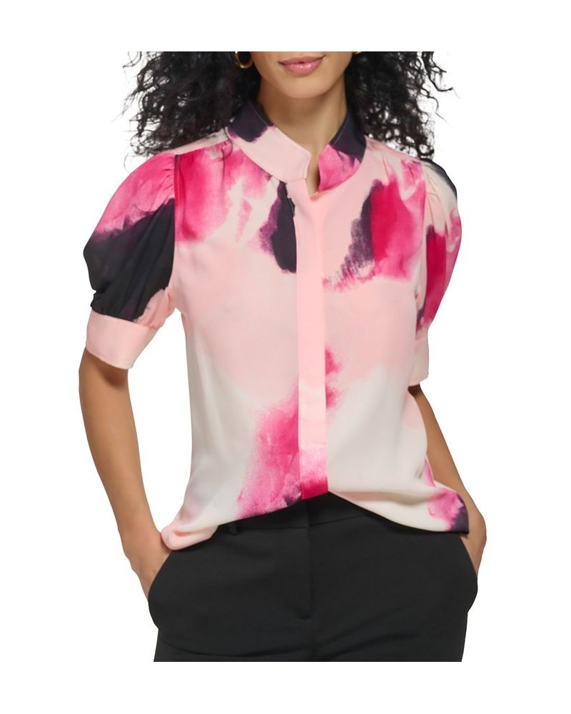 Women's Mock Neck Puffed Short Sleeve Top Rose Quartz/hibiscus $21.44 Tops