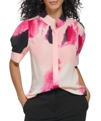 Women's Mock Neck Puffed Short Sleeve Top Rose Quartz/hibiscus $21.44 Tops