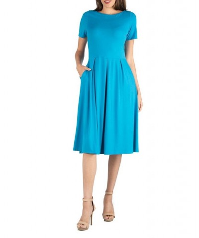 Midi Dress with Short Sleeves and Pocket Detail Blue $25.19 Dresses