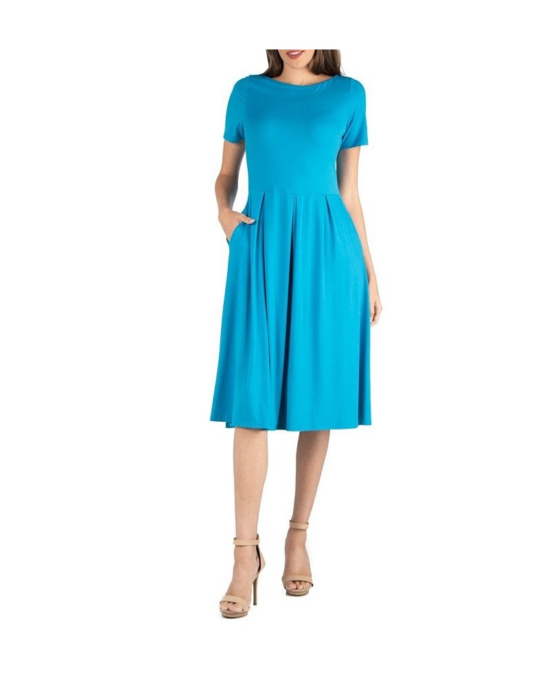 Midi Dress with Short Sleeves and Pocket Detail Blue $25.19 Dresses