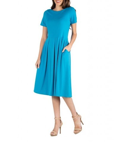 Midi Dress with Short Sleeves and Pocket Detail Blue $25.19 Dresses