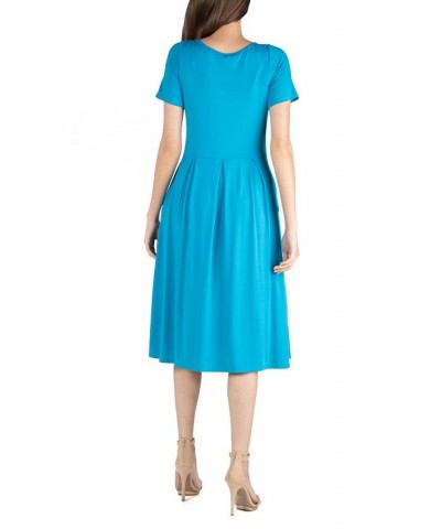 Midi Dress with Short Sleeves and Pocket Detail Blue $25.19 Dresses