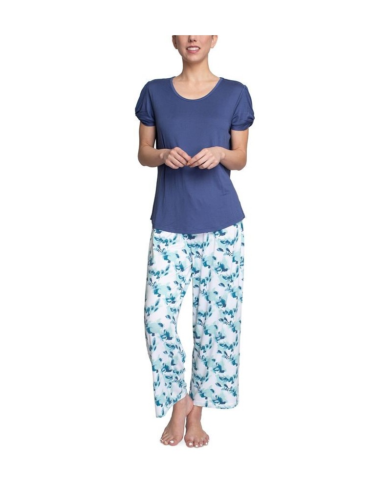 Plus Size Embellished Sleeve & Printed Pajama Pants Set Blue $31.20 Sleepwear