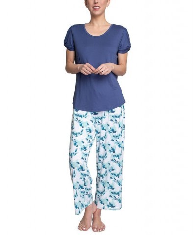 Plus Size Embellished Sleeve & Printed Pajama Pants Set Blue $31.20 Sleepwear