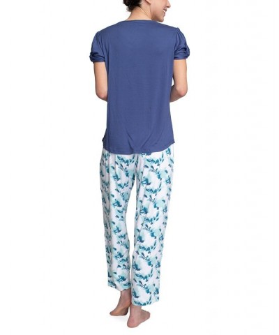 Plus Size Embellished Sleeve & Printed Pajama Pants Set Blue $31.20 Sleepwear