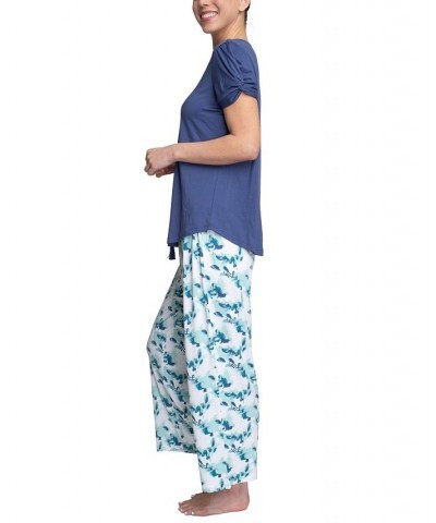 Plus Size Embellished Sleeve & Printed Pajama Pants Set Blue $31.20 Sleepwear