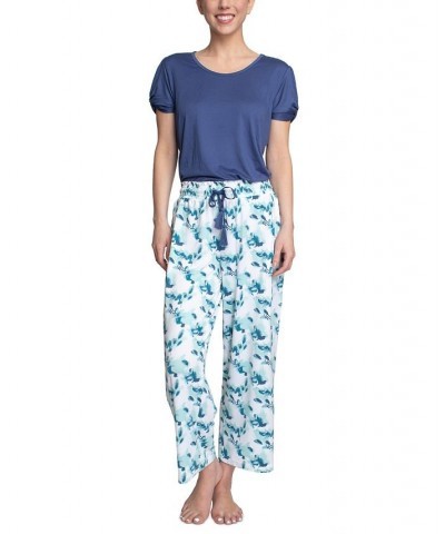 Plus Size Embellished Sleeve & Printed Pajama Pants Set Blue $31.20 Sleepwear