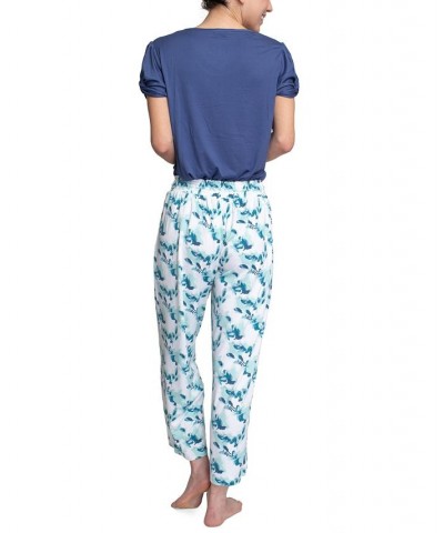 Plus Size Embellished Sleeve & Printed Pajama Pants Set Blue $31.20 Sleepwear