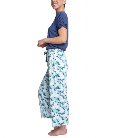 Plus Size Embellished Sleeve & Printed Pajama Pants Set Blue $31.20 Sleepwear