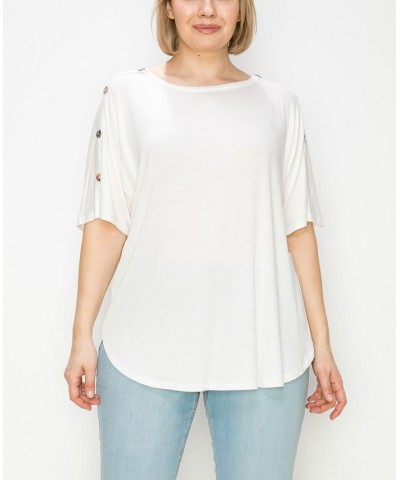 Plus Size Button Shoulder Short Sleeve Top White $20.14 Tops