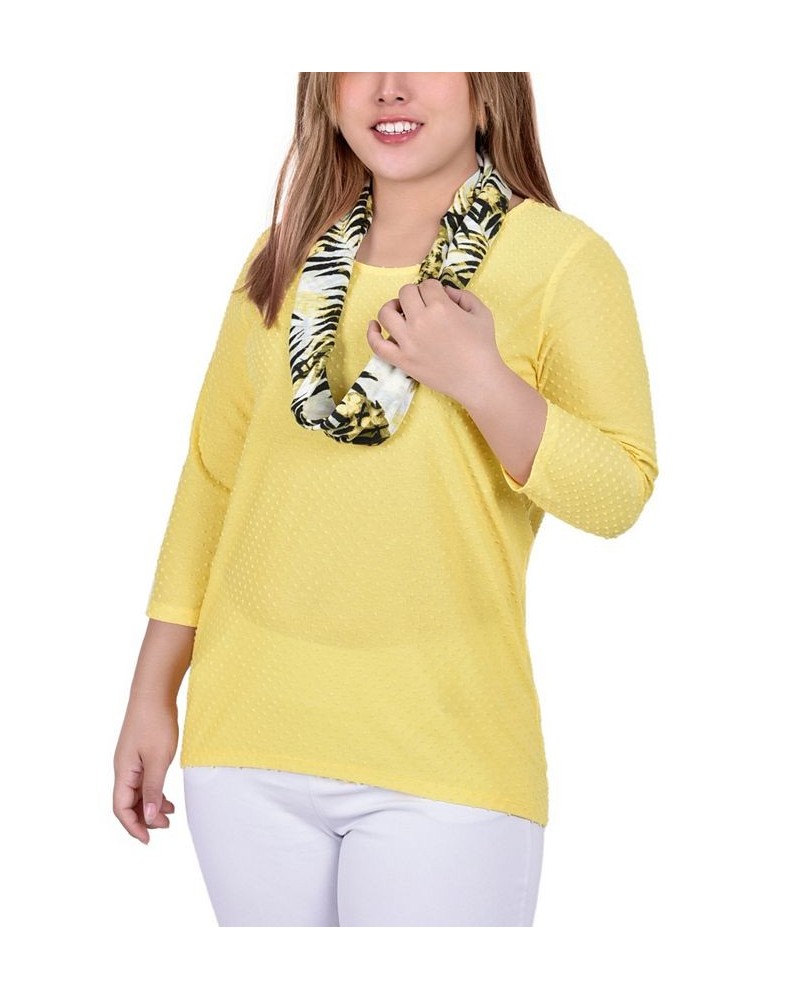 Plus Size 3/4 Sleeve Textured Tunic with Detachable Scarf Set 2 Piece Yellow $11.93 Tops