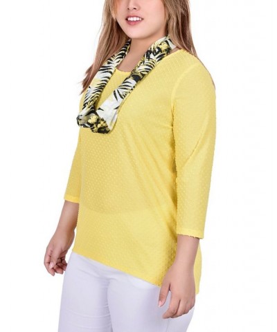 Plus Size 3/4 Sleeve Textured Tunic with Detachable Scarf Set 2 Piece Yellow $11.93 Tops