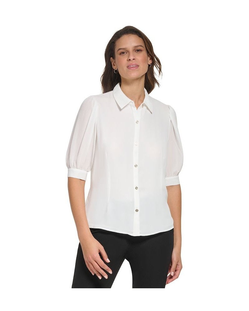 Women's Puff-Sleeve Button-Up Blouse Ivory $17.64 Tops