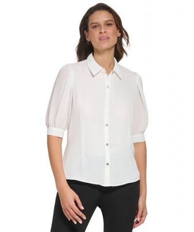 Women's Puff-Sleeve Button-Up Blouse Ivory $17.64 Tops