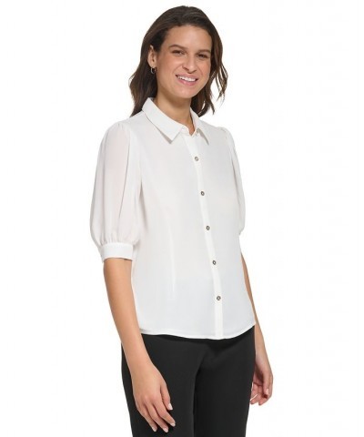 Women's Puff-Sleeve Button-Up Blouse Ivory $17.64 Tops