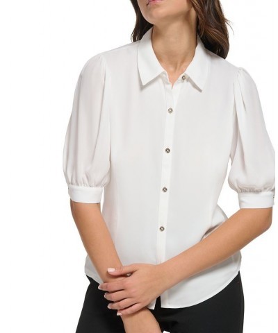 Women's Puff-Sleeve Button-Up Blouse Ivory $17.64 Tops