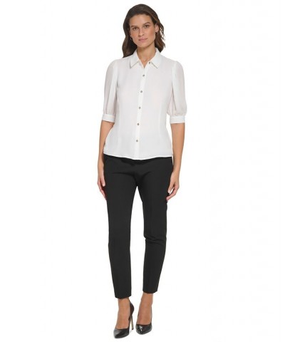 Women's Puff-Sleeve Button-Up Blouse Ivory $17.64 Tops