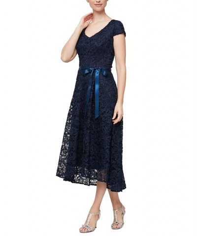 Petite Lace Cap-Sleeve Midi Dress Navy $90.82 Dresses