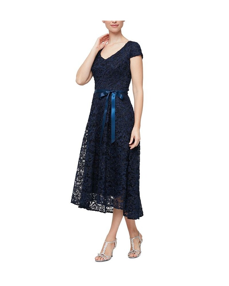 Petite Lace Cap-Sleeve Midi Dress Navy $90.82 Dresses