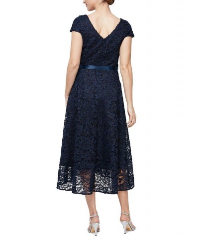 Petite Lace Cap-Sleeve Midi Dress Navy $90.82 Dresses