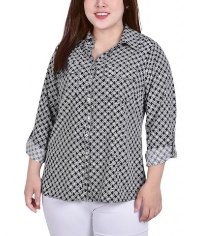 Plus Size 3/4 Sleeve Roll Tab Notch Collar Blouse Black/White New Iconic $16.64 Tops