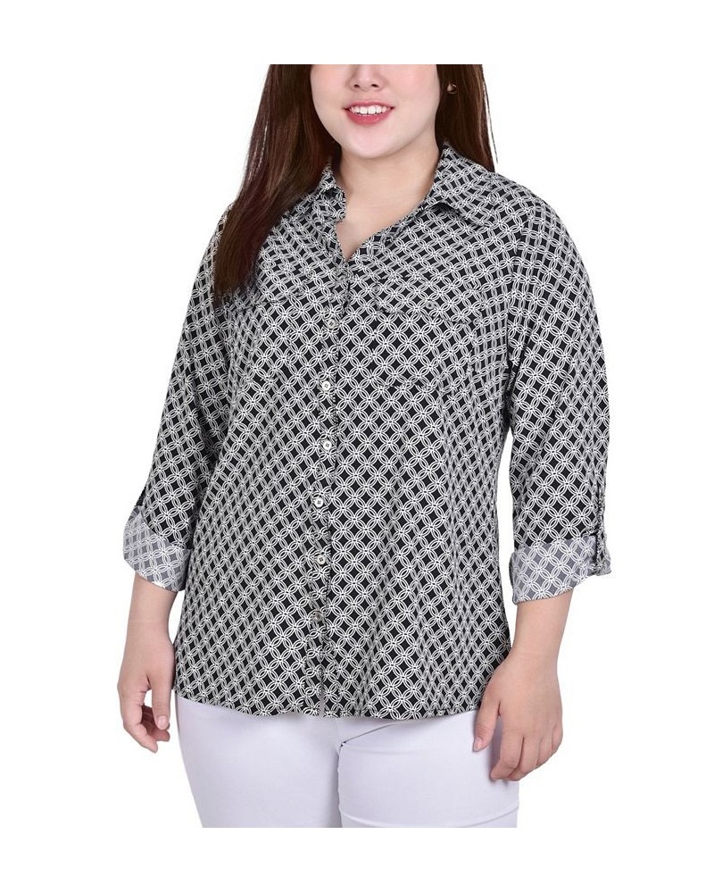 Plus Size 3/4 Sleeve Roll Tab Notch Collar Blouse Black/White New Iconic $16.64 Tops