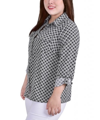 Plus Size 3/4 Sleeve Roll Tab Notch Collar Blouse Black/White New Iconic $16.64 Tops