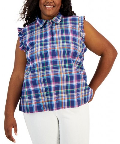 Plus Size Plaid Flutter-Sleeve Top Blue Multi $33.39 Tops