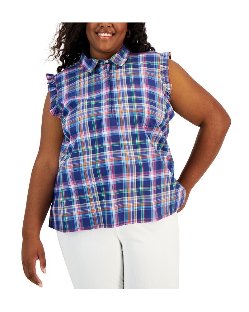 Plus Size Plaid Flutter-Sleeve Top Blue Multi $33.39 Tops