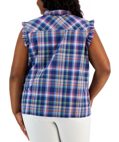 Plus Size Plaid Flutter-Sleeve Top Blue Multi $33.39 Tops