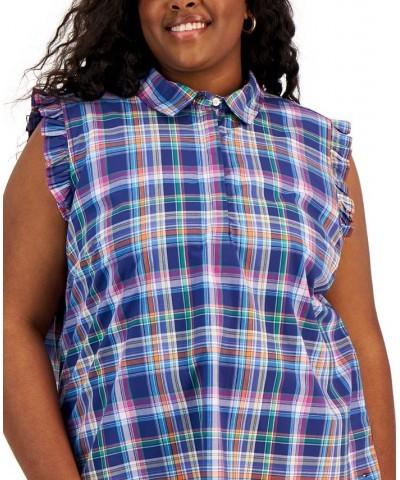 Plus Size Plaid Flutter-Sleeve Top Blue Multi $33.39 Tops