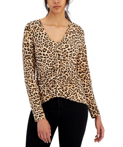 Women's Leopard Ruched-Front Top Classic Cheetah $28.38 Tops