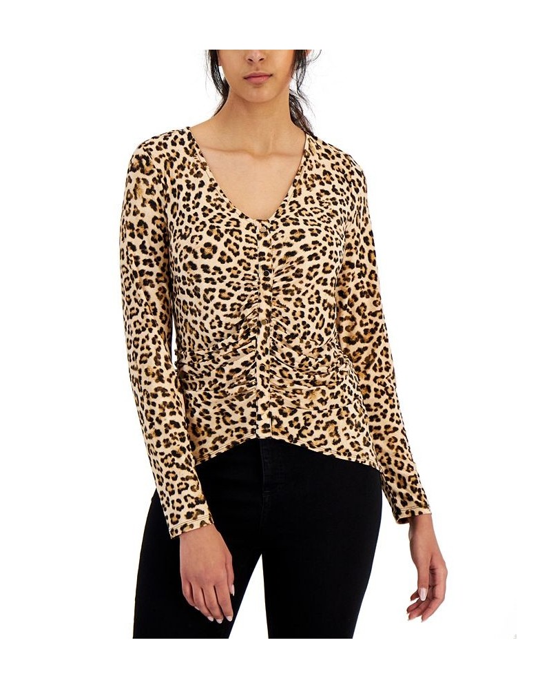 Women's Leopard Ruched-Front Top Classic Cheetah $28.38 Tops