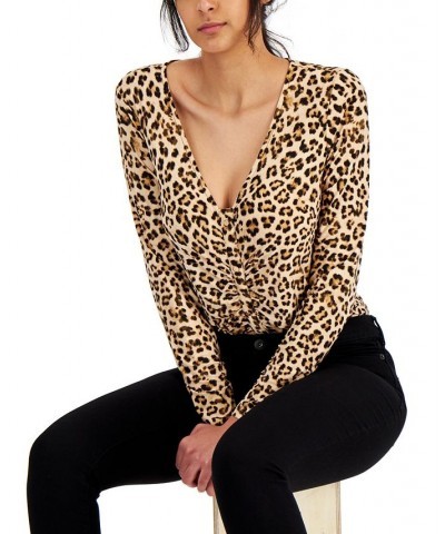 Women's Leopard Ruched-Front Top Classic Cheetah $28.38 Tops