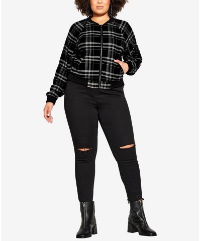 Plus Size Trendy Check Bomber Jacket Black $58.05 Jackets