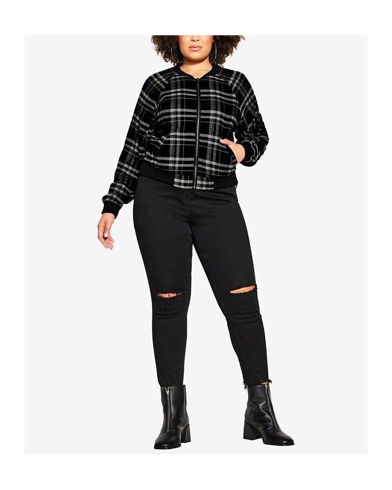 Plus Size Trendy Check Bomber Jacket Black $58.05 Jackets